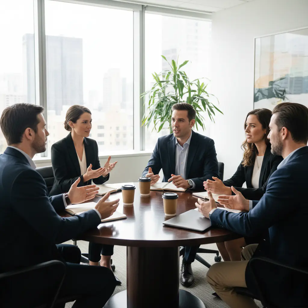 Colleagues having an open discussion at a round table