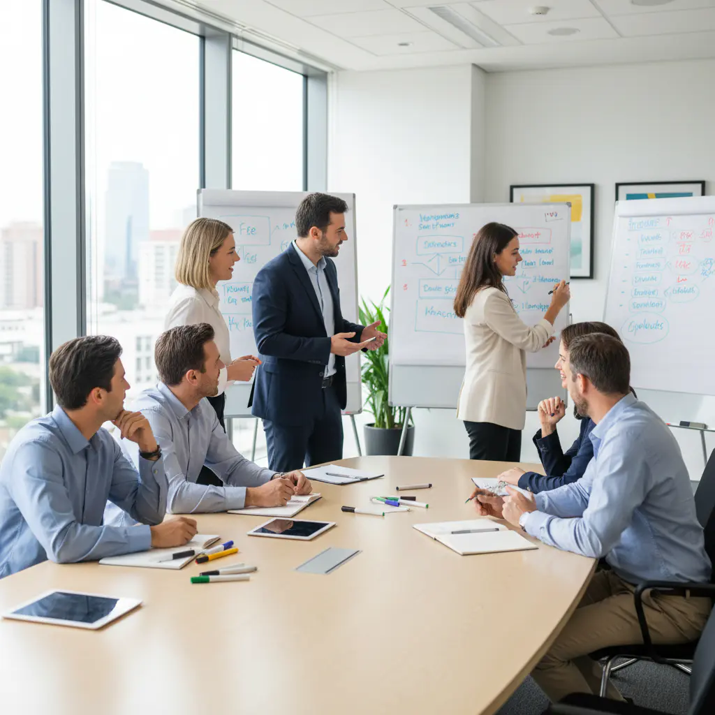 Corporate team collaborating in a strategic workshop